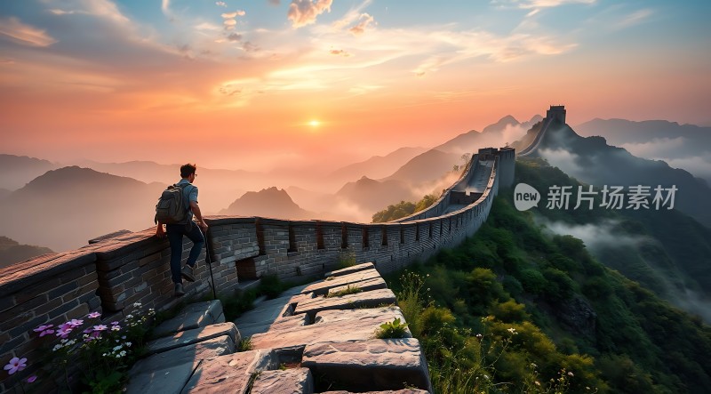 长城日出徒步旅行者