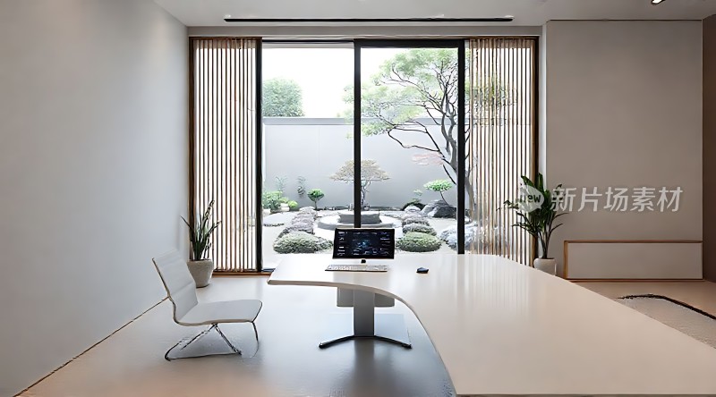 现代简约办公室窗外绿意盎然宁静而高效的工作环境