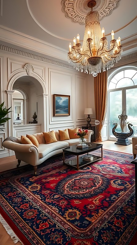 豪华客厅华丽吊灯精美地毯舒适沙发优雅装饰