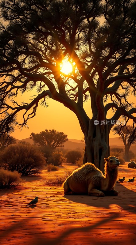 沙漠驼影日落图