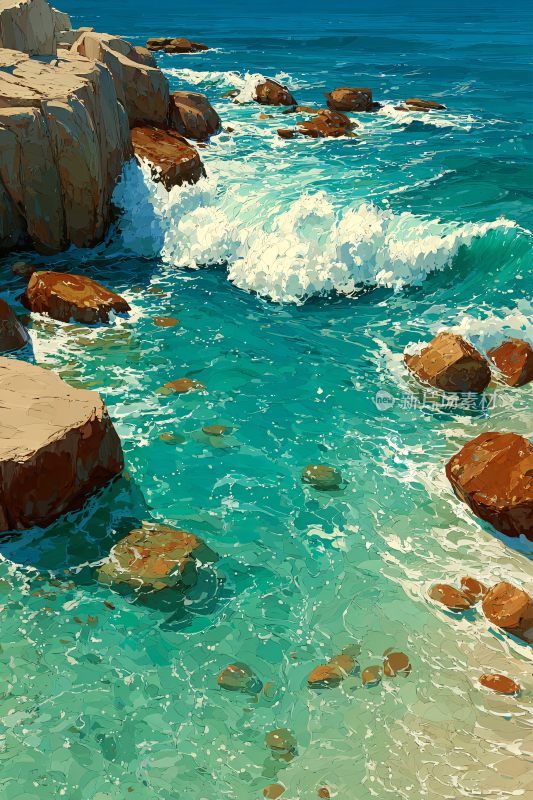 海边礁石与翻涌海浪景象