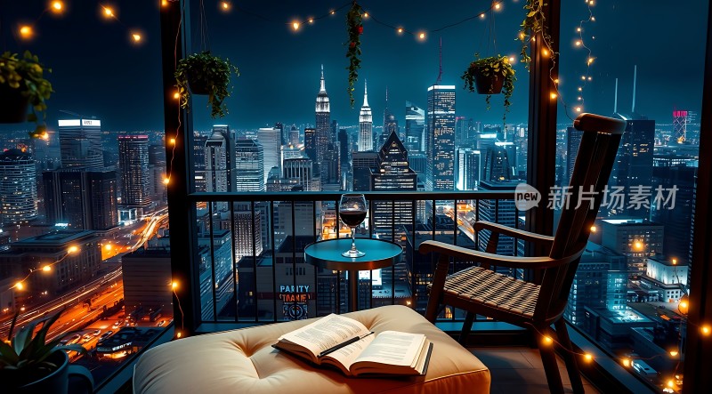 城市夜景下的温馨阳台
