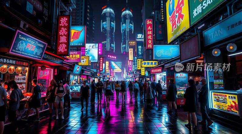 霓虹灯下的繁华夜市