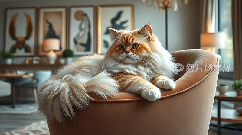橘白长毛猫慵懒趴在浅棕色椅子上背景为温馨客厅