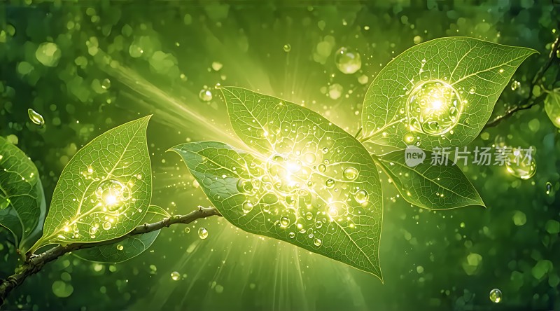 绿叶上的露珠与光晕