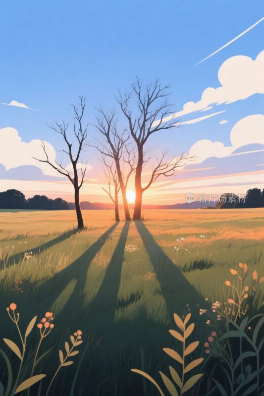 夕阳下的树风景插画