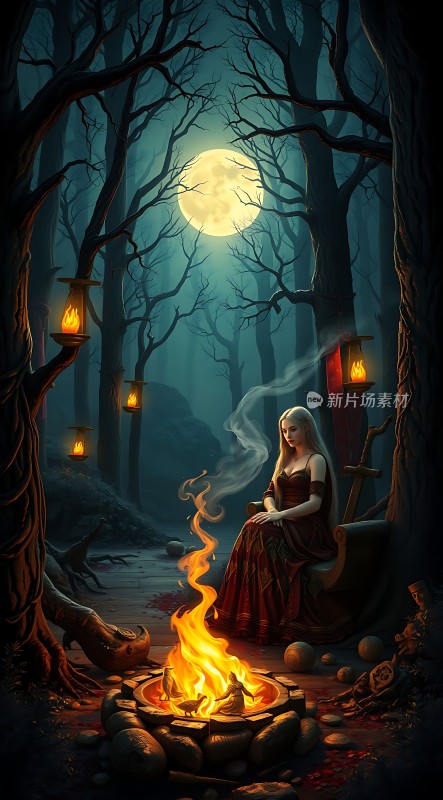 月下森林中的神秘女子