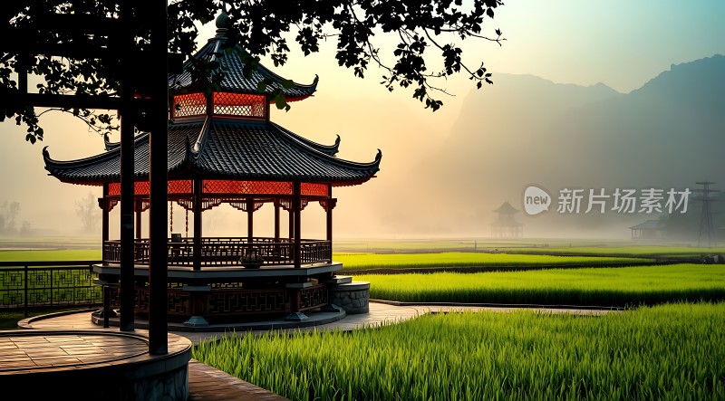 晨雾中的古亭与稻田