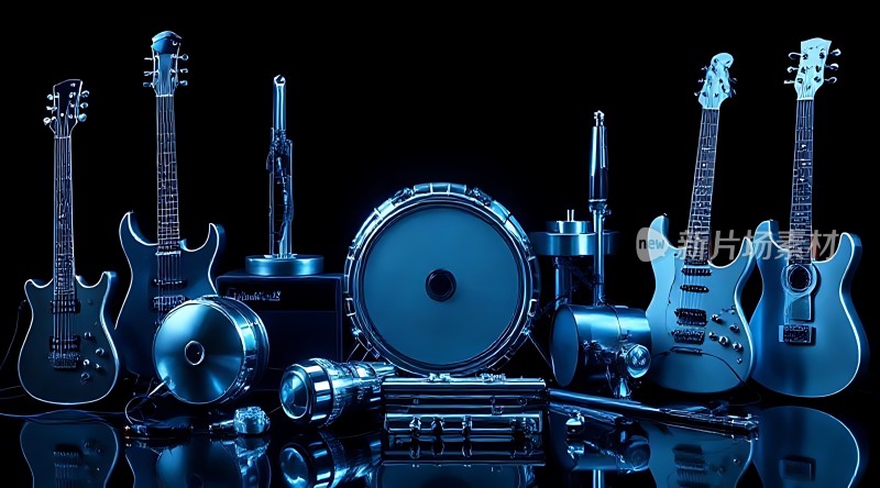 蓝色金属乐器组合展示