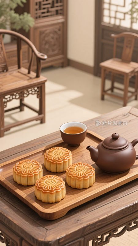 中式桌案上的月饼与茶具