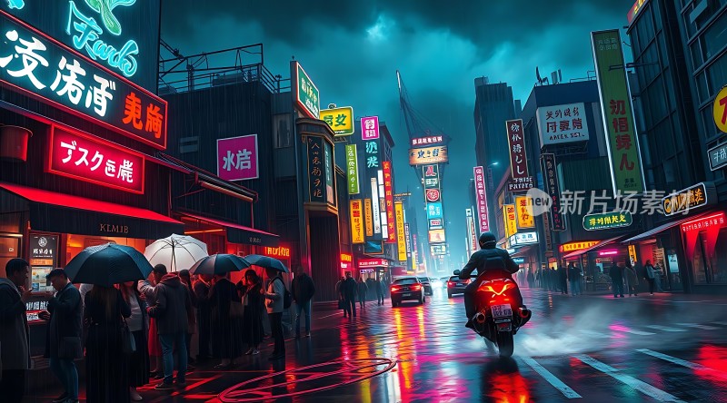 霓虹灯下的雨夜街头