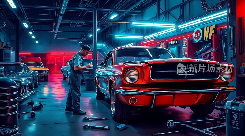 车库里的经典红色汽车与维修工具