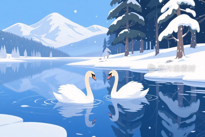 冬季湖边天鹅插画