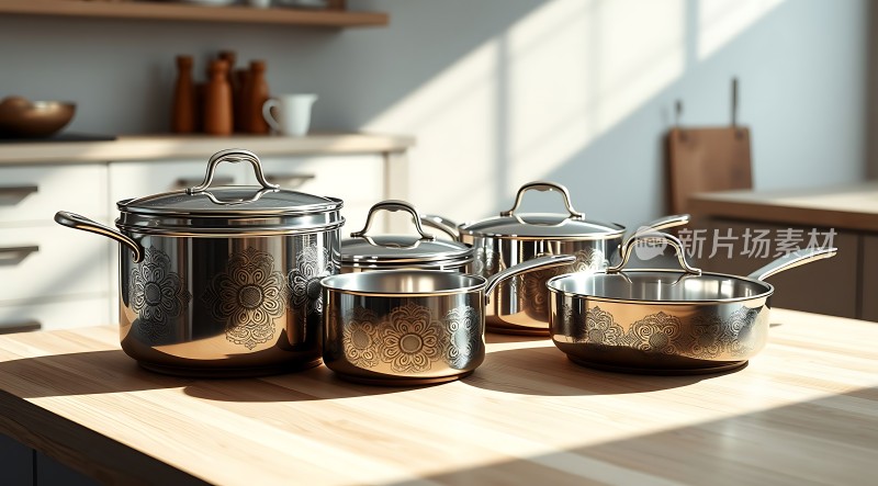 阳光下的厨房精美不锈钢锅具展示