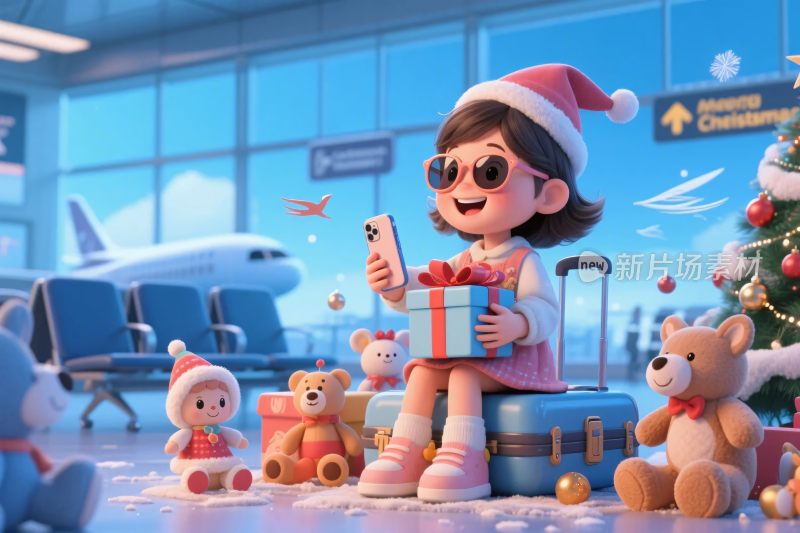 机场圣诞礼物插画场景