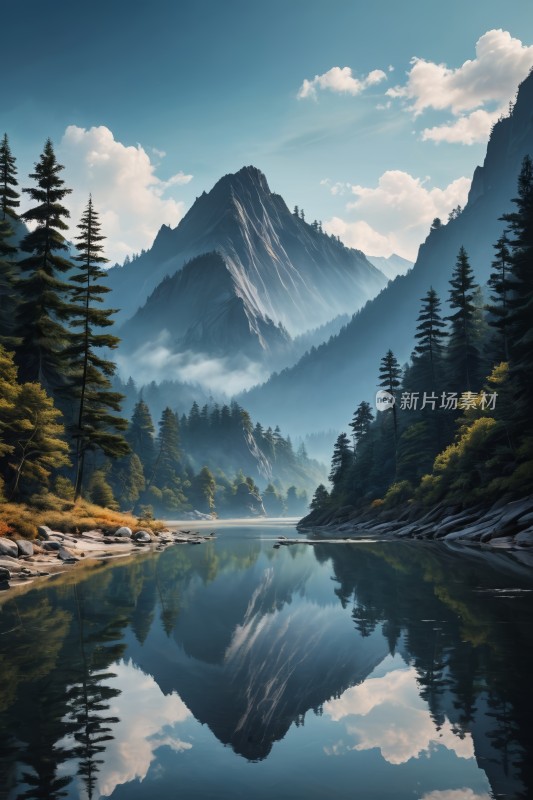 山和树倒映一条静止的河流中高清风景图片