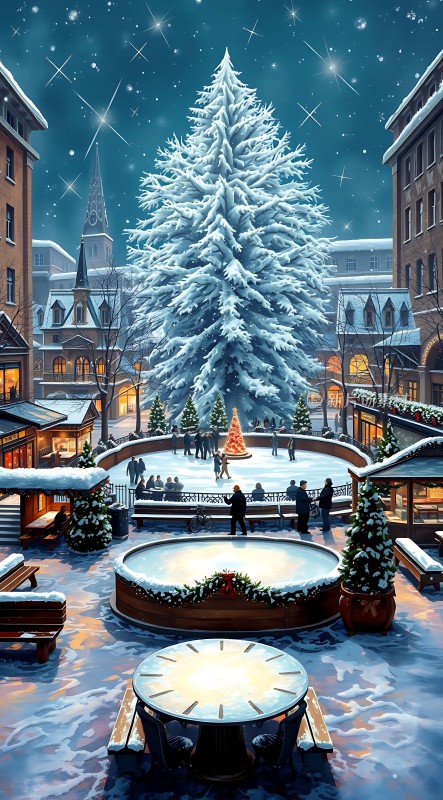 雪夜圣诞树下的温馨小镇