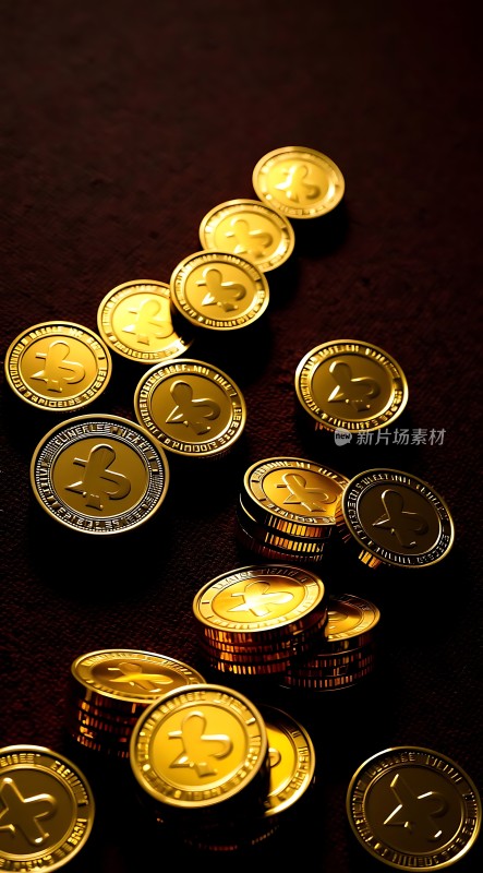 金色比特币硬币散落桌面