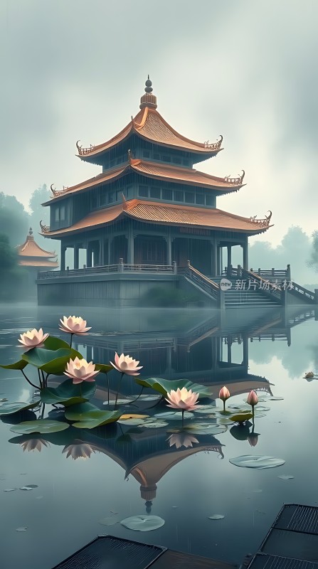 湖畔古亭映荷花