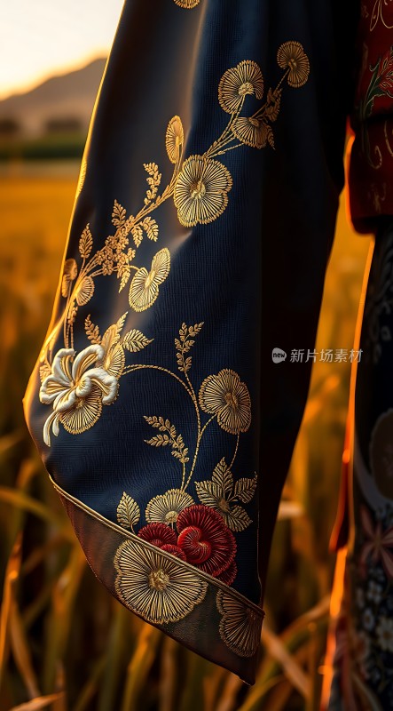金色刺绣花边深蓝色布料上的精美装饰