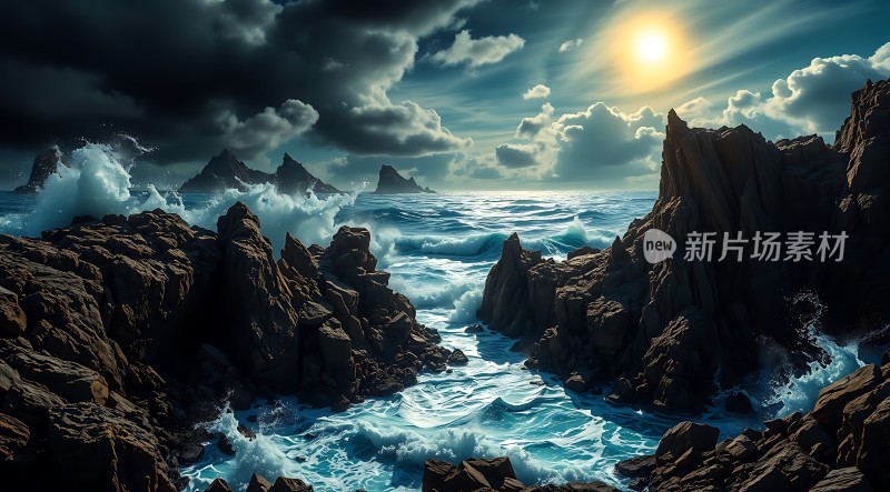 阳光下的海浪与岩石