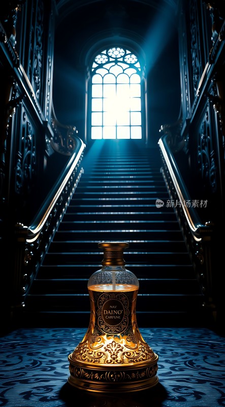 金色香水瓶与宏伟楼梯