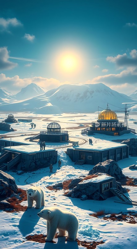 极地探险基地雪原上的神秘建筑与北极熊