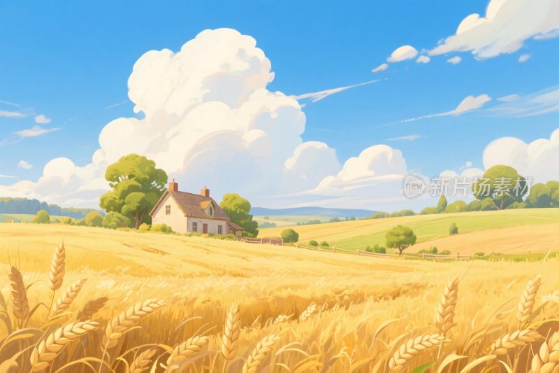 田园麦田风景插画