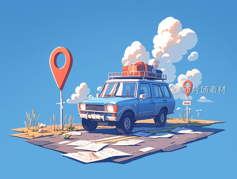 驶向远方的旅程地图和汽车插画