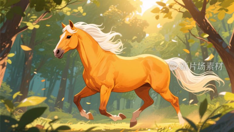 林间奔跑的金色骏马