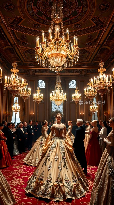 金色舞会上的华丽礼服与璀璨吊灯