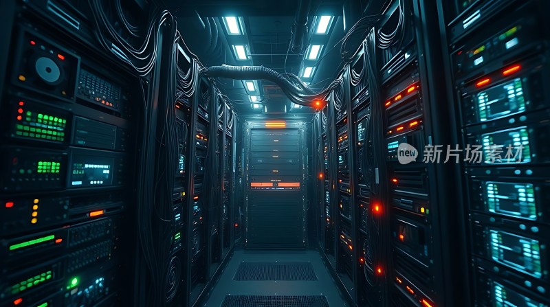 数据中心内部科技感十足的数据中心服务器排列整齐灯光闪烁