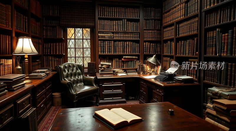 书房一角书架、桌椅、台灯与书籍构成温馨学习氛围