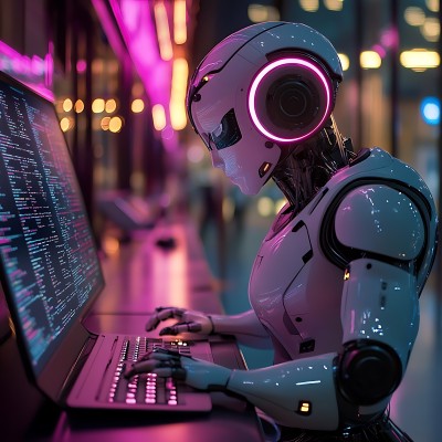 机器人操作电脑未来科技感十足 机器人操作电脑未来科技感十足