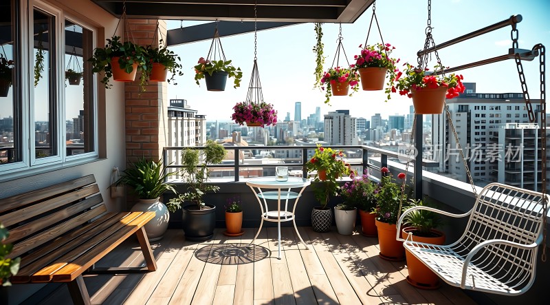 阳光下的阳台绿意盎然