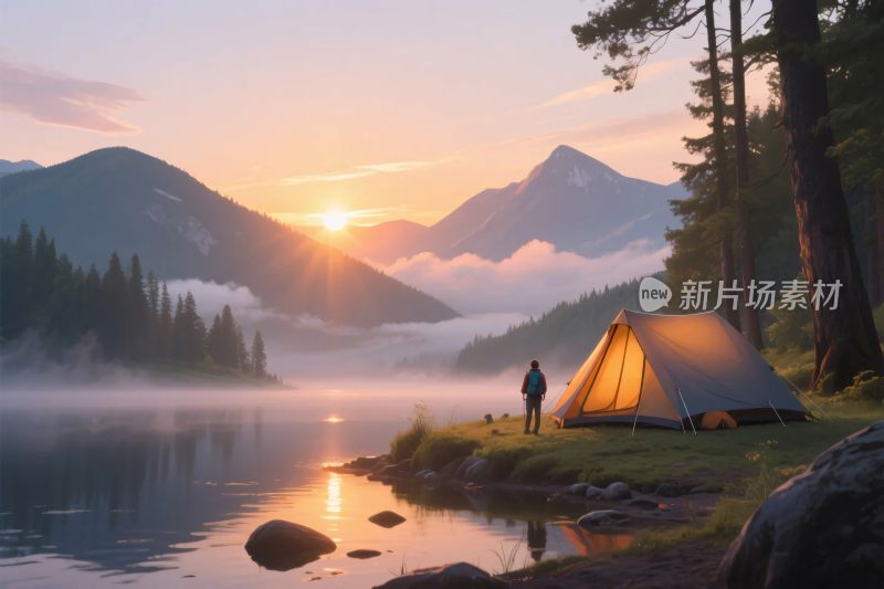 湖畔清晨露营图