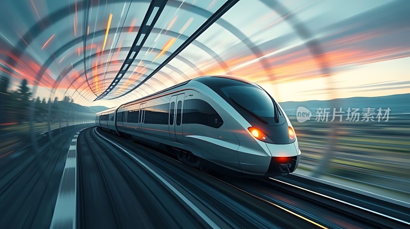 高速列车穿行隧道未来科技感十足