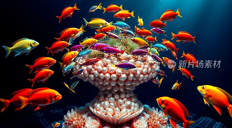 海底世界奇观五彩斑斓的小鱼与珍珠珊瑚共舞