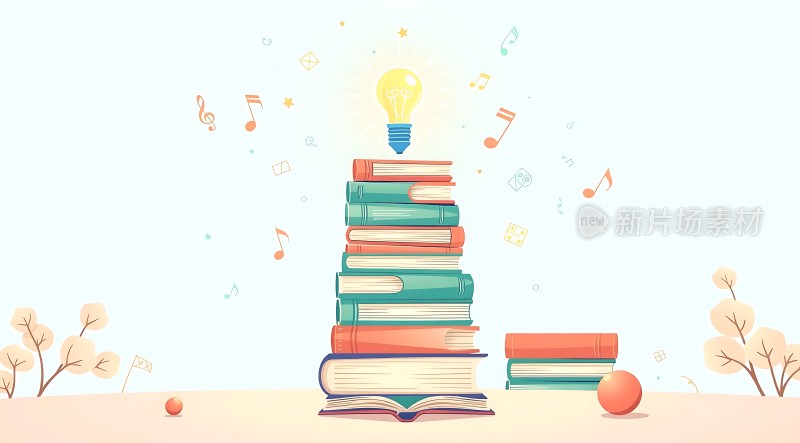 书籍堆叠与灯泡知识的阶梯与灵感之光