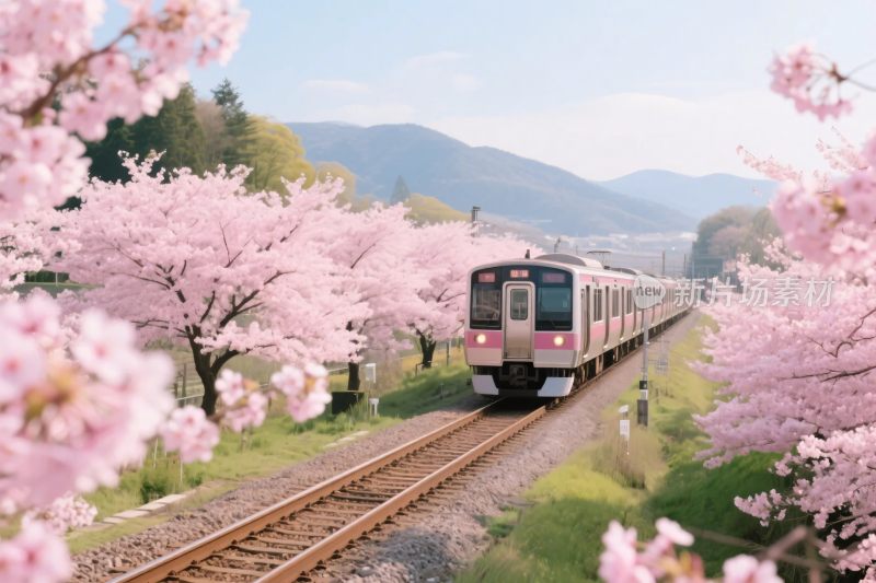樱花铁轨列车风景图