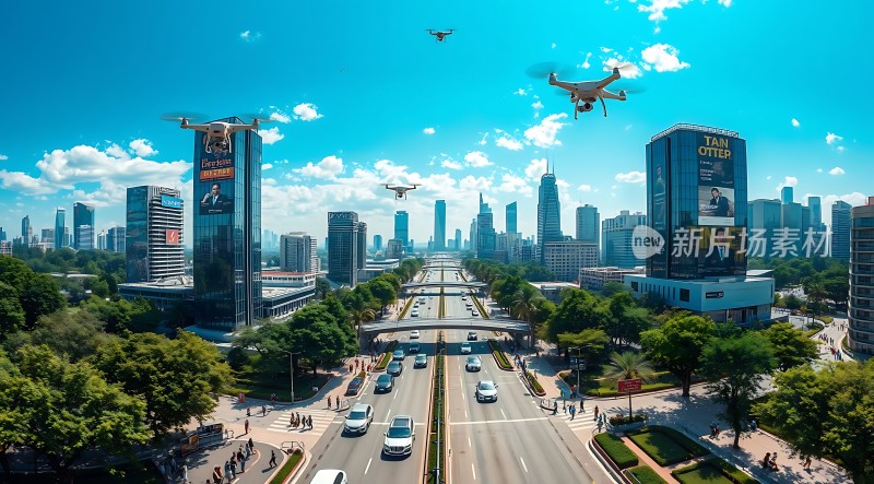 未来之城无人机与摩天大楼共舞
