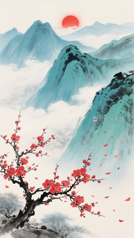 红梅映山景红日悬天际
