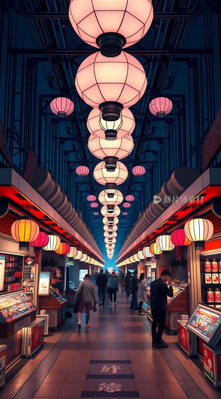 夜市灯笼下的繁华街景