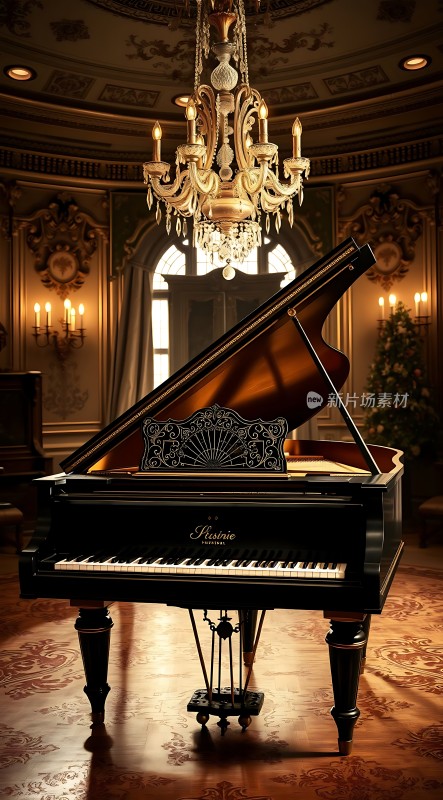 金色吊灯下的大钢琴