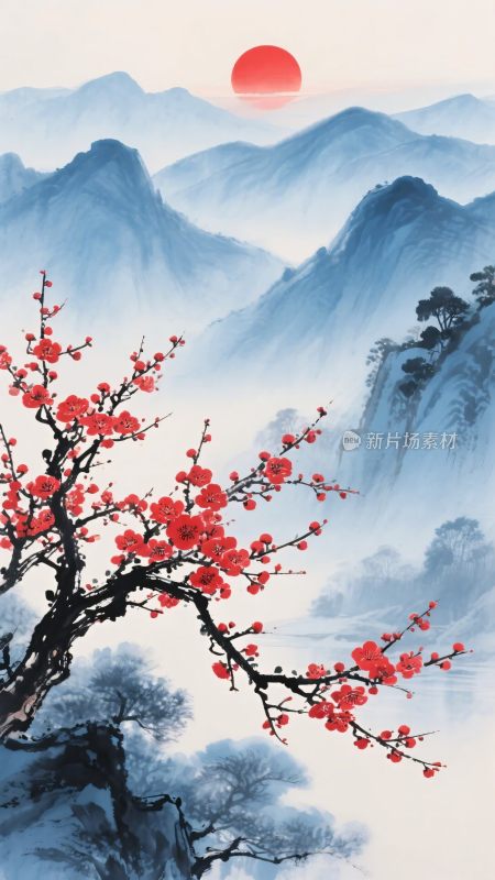 红梅映山红日山水图