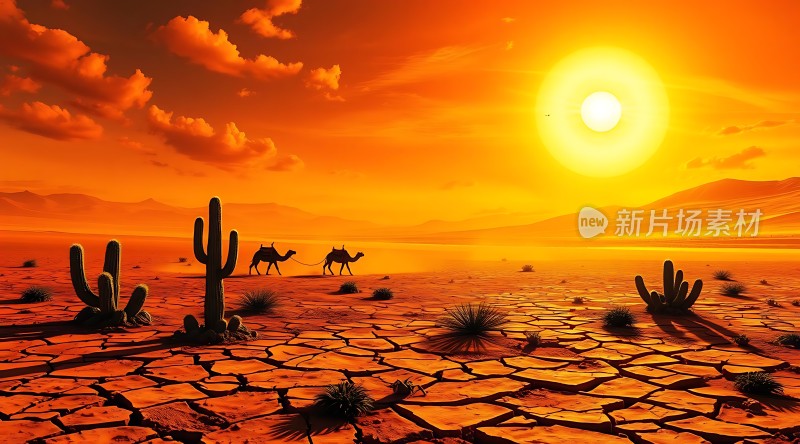 沙漠驼影日落图