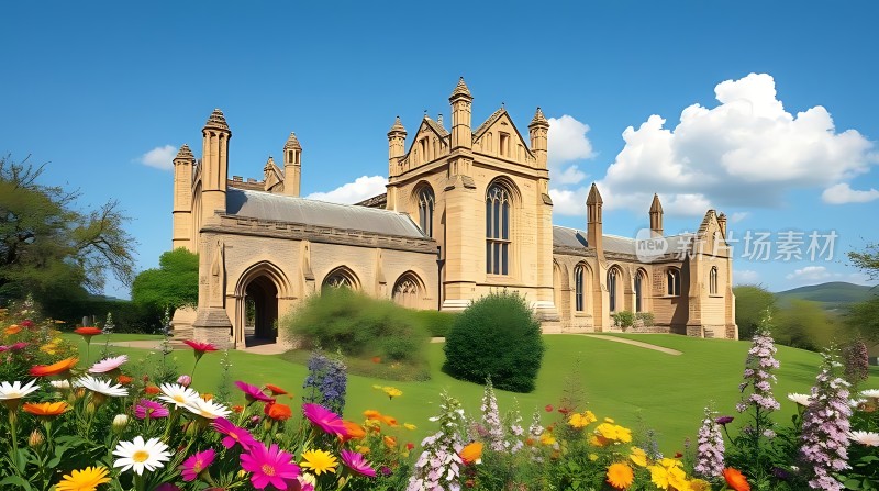 阳光下的彩色教堂花园