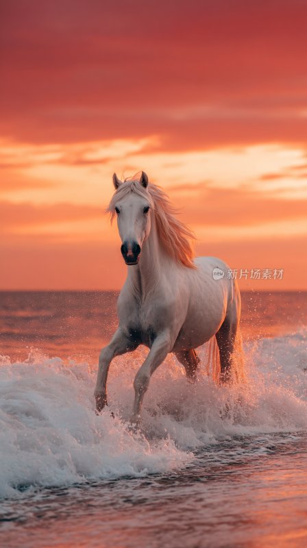 夕阳下海边奔腾的白马