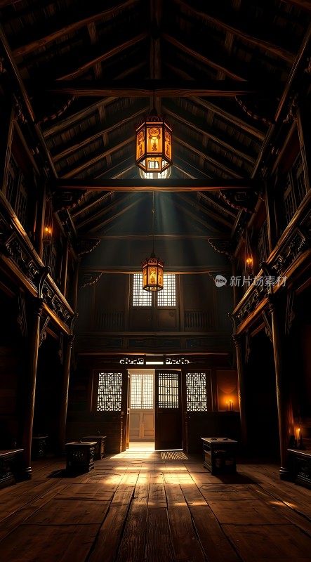 古色古香木制大厅光影交错显神秘