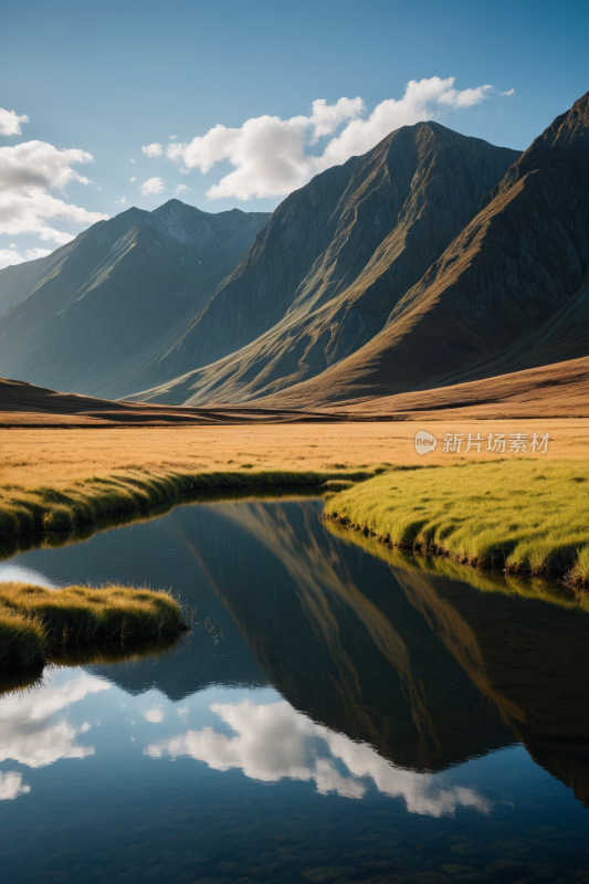 山倒映在草地上的小池塘里高清风景图片